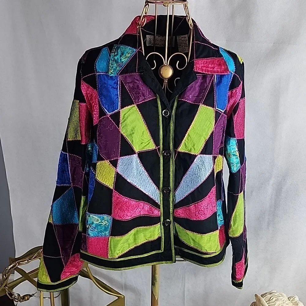 Fun! Artsy Colorful Life Style Size L Patchwork Jacket~Blazer